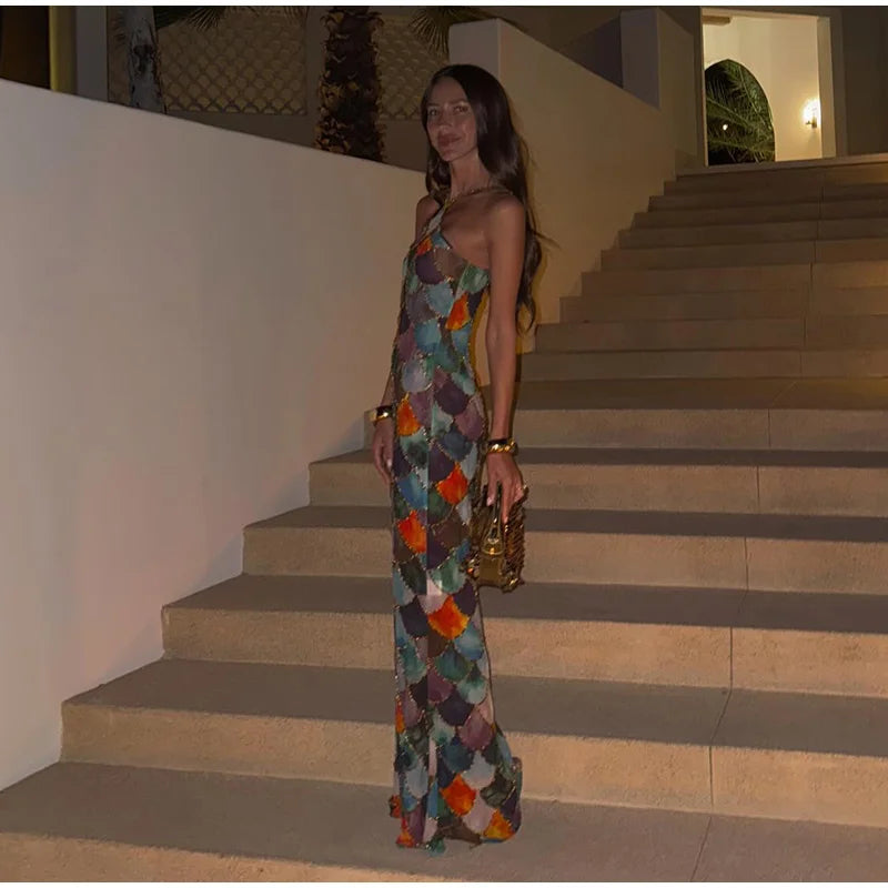 Halter Long Dress Women Retro Contrast Color Sleeveless Bodycon Printed Robe 2025 Elegant Spring Summer Lady Party Beach Dresses