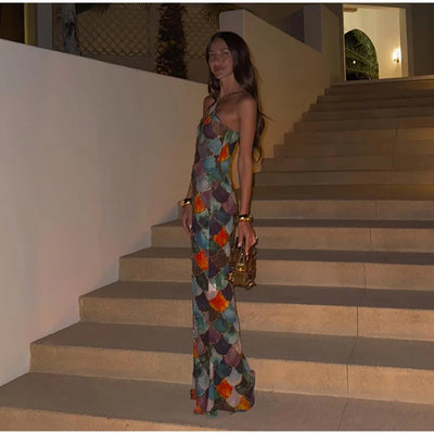 Halter Long Dress Women Retro Contrast Color Sleeveless Bodycon Printed Robe 2025 Elegant Spring Summer Lady Party Beach Dresses