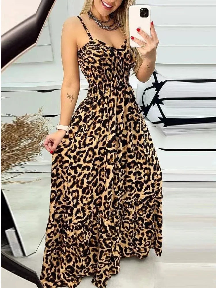 Women's Fashion Leopard Print Dresses Sexy Temperament Long Sling Dress Elegant 2025 Summer Sexy Female New Vestidos Party Cloth