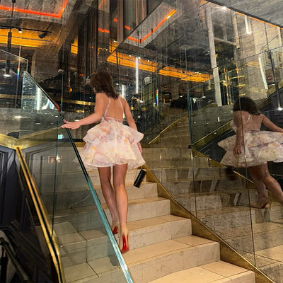 Printed Backless Halter Puffy Dress Women Sleeveless Backless High Waist Sexy Holiday Dresses 2025 Summer Party Gown Lady Robe