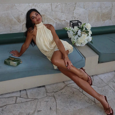 Halter Backless Chiffon Dress Woman's Sexy Lace Up Sleeveless Pleat Wrapped Waist Elegant Short Dresses 2025 Summer New Fashion