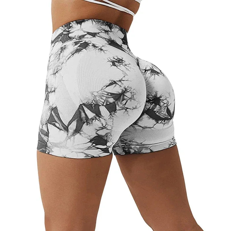 Tie Dye Shorts Women Seamless High Waist  Shorts Sexy Hip Liftting Stretchy Yoga Shorts Workout Running Knit Skinny Gym Shorts