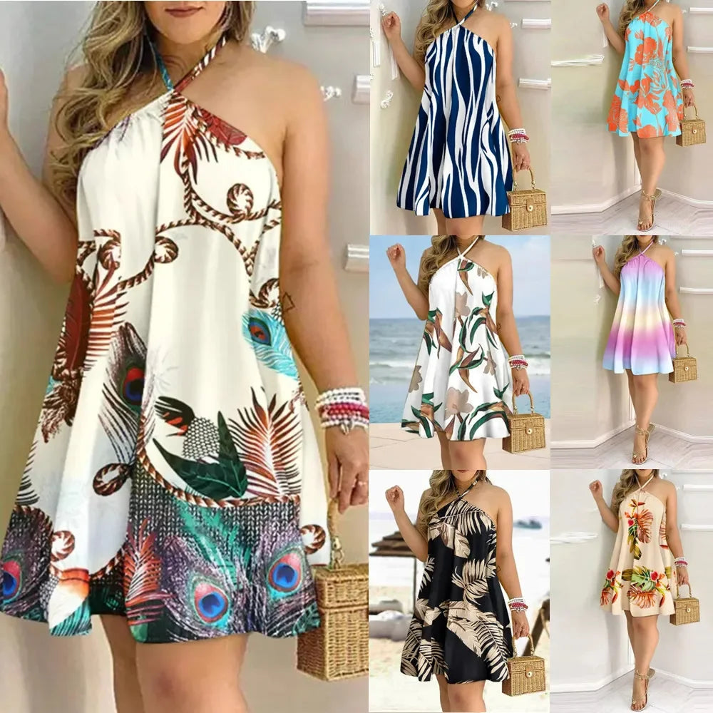 Dresses For Woman 2025 Sexy Sleeveless Backless Short Mini Dress Loose Halter Neck Print Beach Sundress Floral Vestidos S-3XL