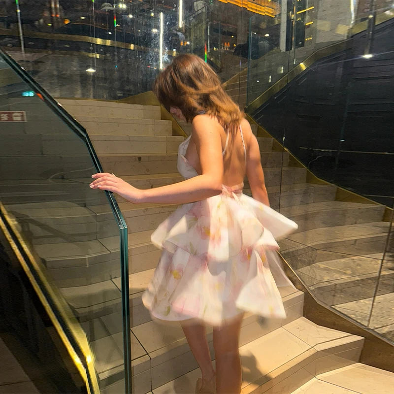 Printed Backless Halter Puffy Dress Women Sleeveless Backless High Waist Sexy Holiday Dresses 2025 Summer Party Gown Lady Robe