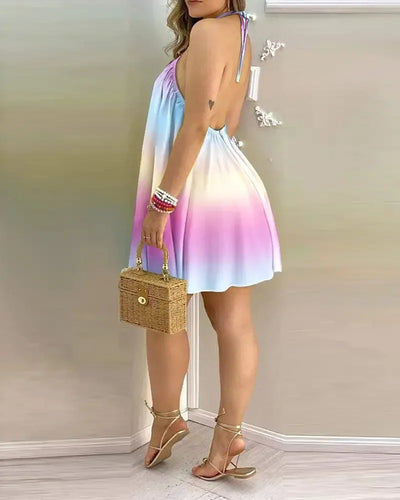 Dresses For Woman 2025 Sexy Sleeveless Backless Short Mini Dress Loose Halter Neck Print Beach Sundress Floral Vestidos S-3XL