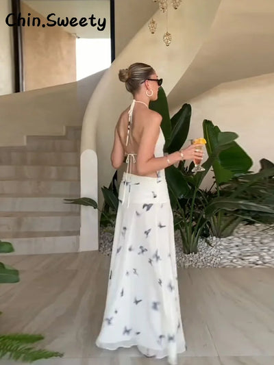 Elegant Halter Printed Long Dress Women Lace Up Sleeveless Backless Pleated Dresses 2025 Summer Lady Chic Party Vacation Robes