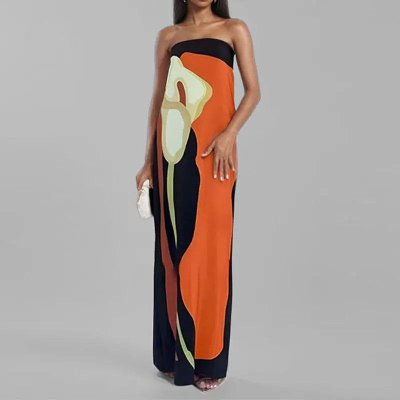 2025 Summer Women Fashion Sleeveless Off Shoulder Vestidos Sexy Strapless Backless Printed Long Dress Lady Party Evening Robes