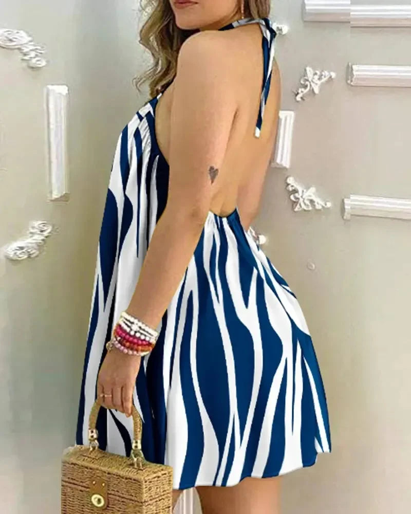 Dresses For Woman 2025 Sexy Sleeveless Backless Short Mini Dress Loose Halter Neck Print Beach Sundress Floral Vestidos S-3XL