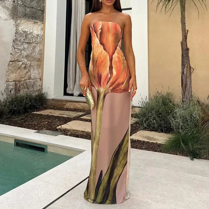 2025 Summer Women Fashion Sleeveless Off Shoulder Vestidos Sexy Strapless Backless Printed Long Dress Lady Party Evening Robes