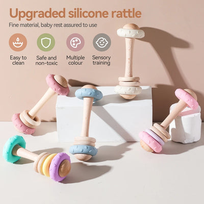 Wooden Rattle & Silicone Teether Toy