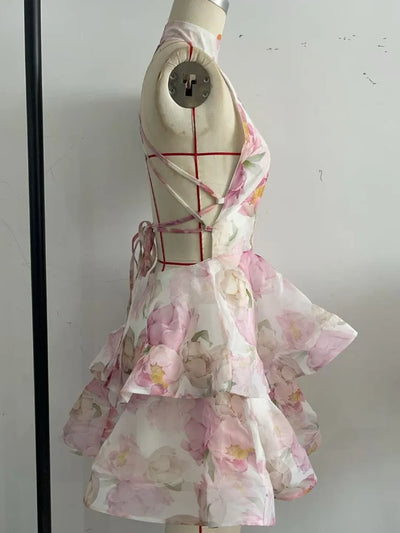 Printed Backless Halter Puffy Dress Women Sleeveless Backless High Waist Sexy Holiday Dresses 2025 Summer Party Gown Lady Robe