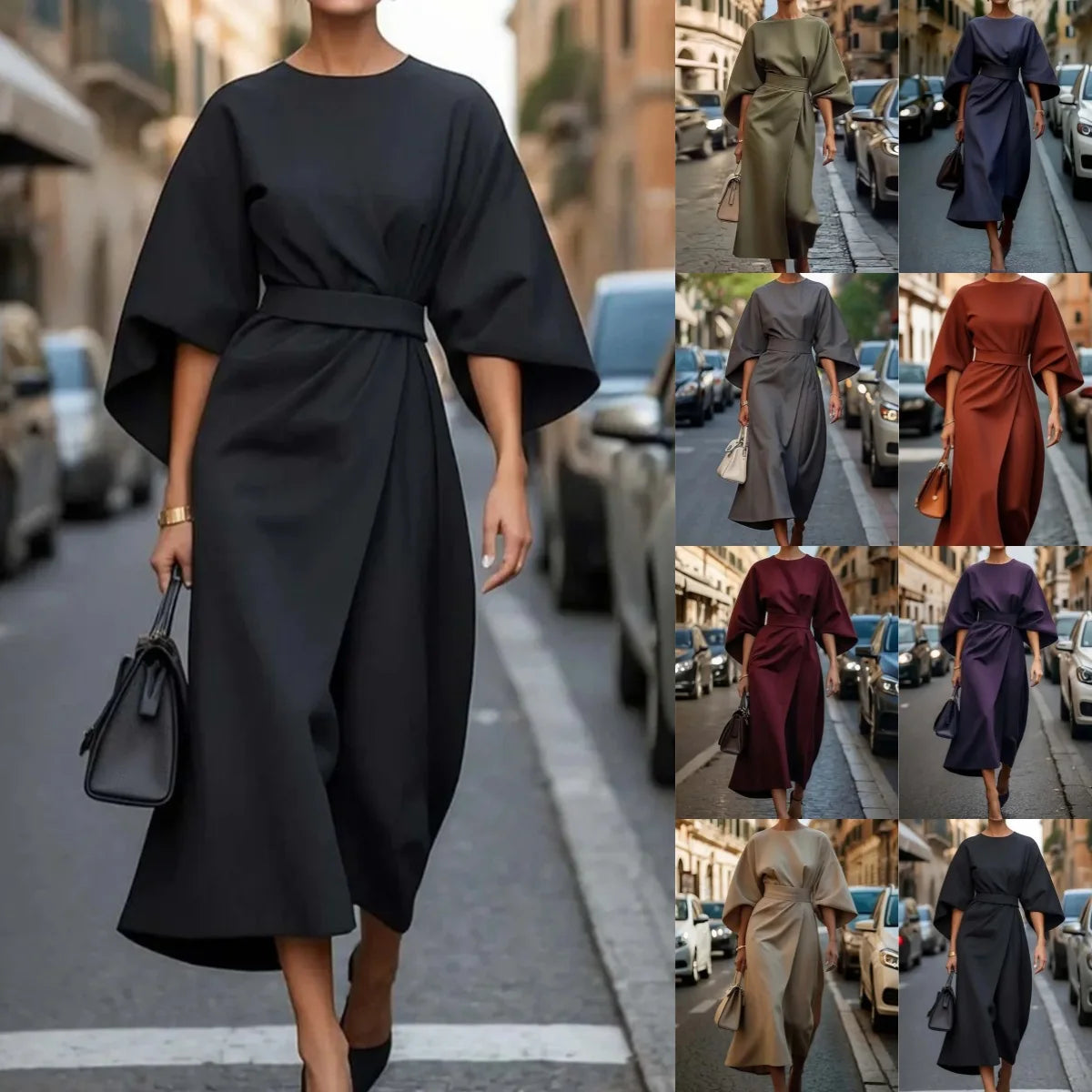 Spring Fashion Solid Color Long Dresses 2025 Woman Sexy Round Neck Bat Sleeve High Waist Dress Elegant Commuting Lady Dress