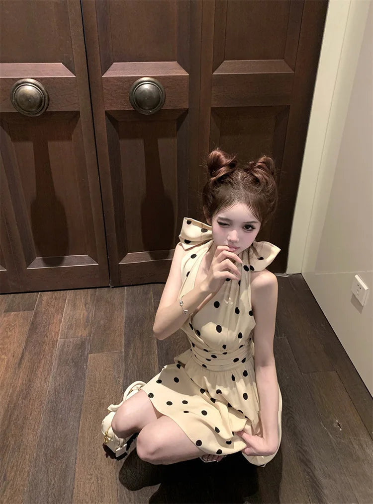 2025 New Woman Dress Vintage Elegant Sweet Bowknot Polka Dot Sleeveless V Neck Halter Summer Sexy Mini Dresses Party Stylish