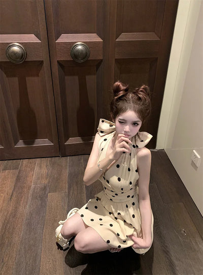 2025 New Woman Dress Vintage Elegant Sweet Bowknot Polka Dot Sleeveless V Neck Halter Summer Sexy Mini Dresses Party Stylish