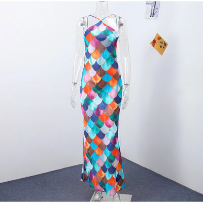 Halter Long Dress Women Retro Contrast Color Sleeveless Bodycon Printed Robe 2025 Elegant Spring Summer Lady Party Beach Dresses