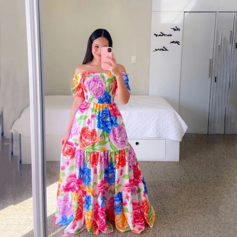Fashion Womens Rainbow Long Dress Sexy Off Shoulder A-line Floral Printed Maxi Dresses Boho Retro Party Evening Vestidos Female