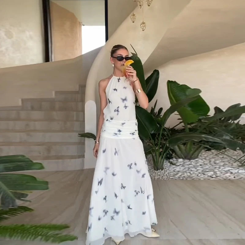 Elegant Halter Printed Long Dress Women Lace Up Sleeveless Backless Pleated Dresses 2025 Summer Lady Chic Party Vacation Robes