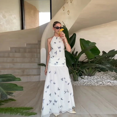 Elegant Halter Printed Long Dress Women Lace Up Sleeveless Backless Pleated Dresses 2025 Summer Lady Chic Party Vacation Robes