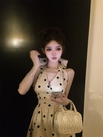 2025 New Woman Dress Vintage Elegant Sweet Bowknot Polka Dot Sleeveless V Neck Halter Summer Sexy Mini Dresses Party Stylish