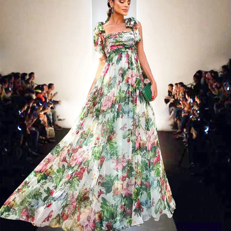 Sexy Summer Party Dress Women Fashion Bow Straps High Waist Pleated Beach Dress Chiffon Casual Floral Print Bohemian Long Dress