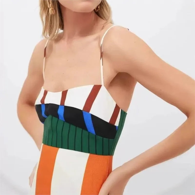 Sexy High Waist 2025 Party Long Dress Women Fashion Elegant Casual New Striped Colorful Spaghetti Strap Bohemian Mixi Dresses