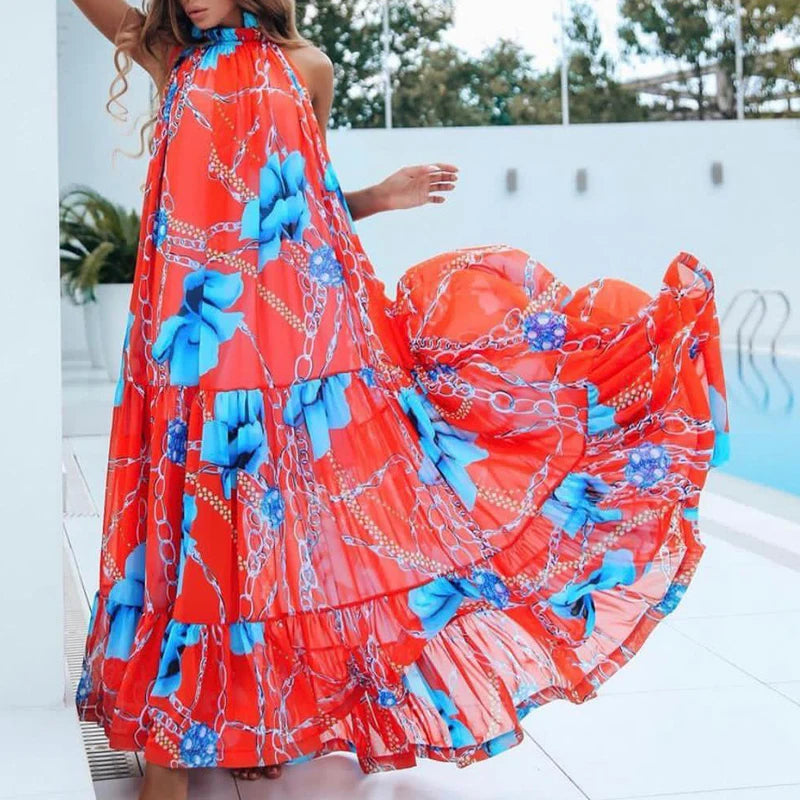 Sexy Summer Party Dress Women Fashion Bow Straps High Waist Pleated Beach Dress Chiffon Casual Floral Print Bohemian Long Dress