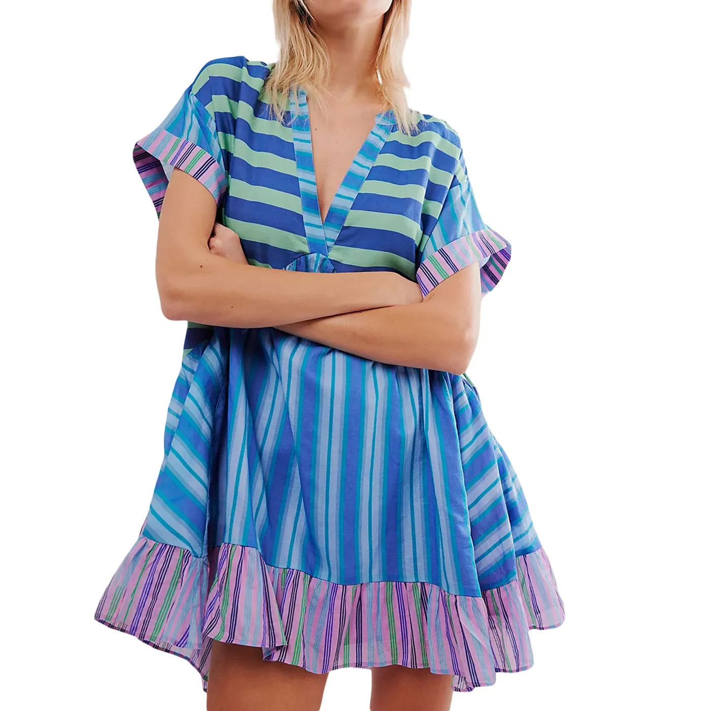 2025 Summer New Fashion Boho Women's Dress Retro Color Print V Neck Short Sleeve Pleated Floating Hem Loose Dress Beach Party