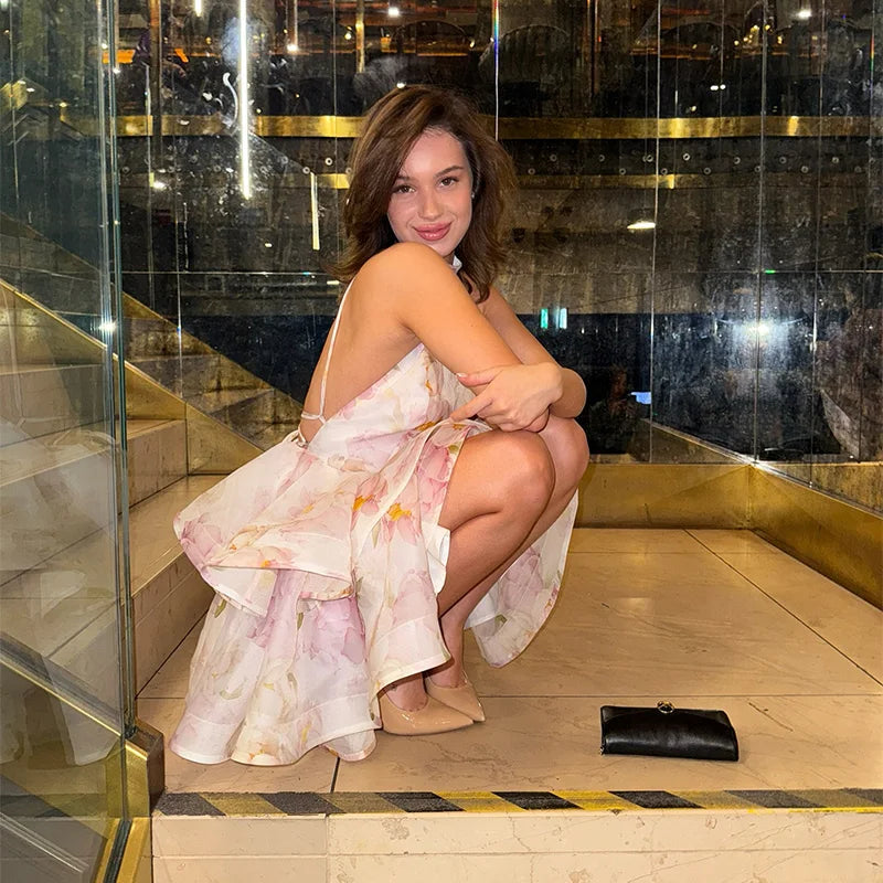 Printed Backless Halter Puffy Dress Women Sleeveless Backless High Waist Sexy Holiday Dresses 2025 Summer Party Gown Lady Robe