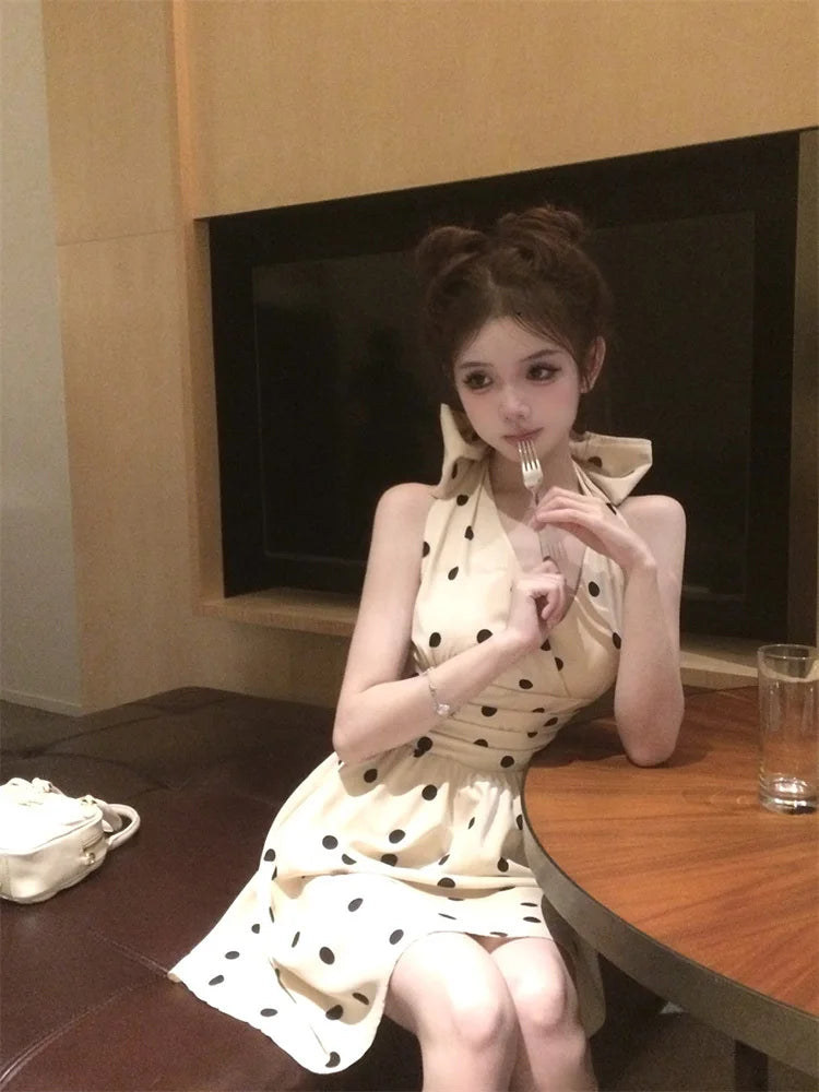 2025 New Woman Dress Vintage Elegant Sweet Bowknot Polka Dot Sleeveless V Neck Halter Summer Sexy Mini Dresses Party Stylish