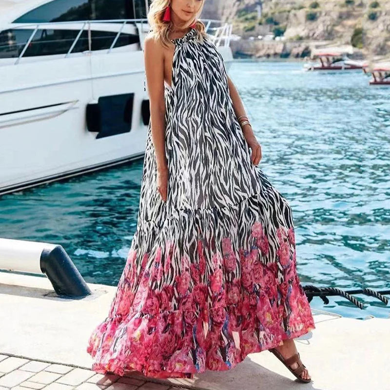 Sexy Summer Party Dress Women Fashion Bow Straps High Waist Pleated Beach Dress Chiffon Casual Floral Print Bohemian Long Dress