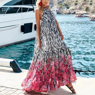 Sexy Summer Party Dress Women Fashion Bow Straps High Waist Pleated Beach Dress Chiffon Casual Floral Print Bohemian Long Dress