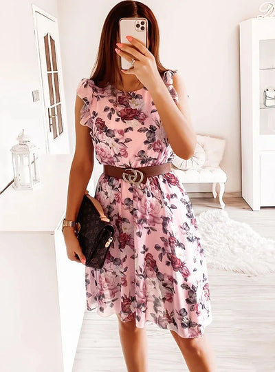 Summer Fashion Floral Printed Long Dress Ladies Sleeveless Elastic Waist Beach Dress 2025 Women V-Neck Pleated Chiffon Cover-Ups