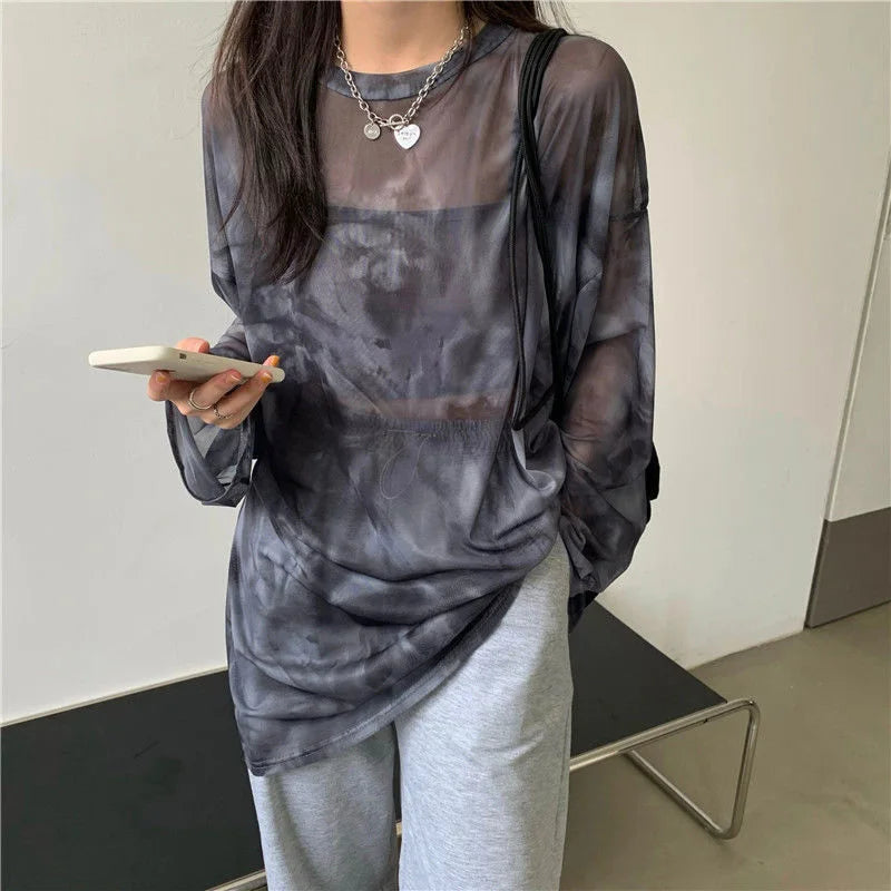 T-shirt Women Tie Dye Long Sleeve Ladies Spring Loose High Street Stylish Thin Leisure Minimalist Harajuku Ins Comfortable Chic