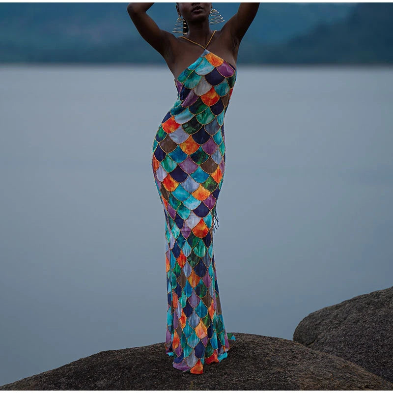 Halter Long Dress Women Retro Contrast Color Sleeveless Bodycon Printed Robe 2025 Elegant Spring Summer Lady Party Beach Dresses