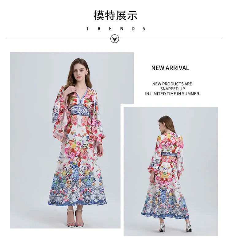 Spring Summer Fashion Luxury Print Bohemian Maxi Dress Women's Sexy V Neck Long Flare Sleeve High Waist A Line Robe Vestidos