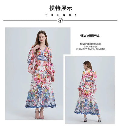 Spring Summer Fashion Luxury Print Bohemian Maxi Dress Women's Sexy V Neck Long Flare Sleeve High Waist A Line Robe Vestidos