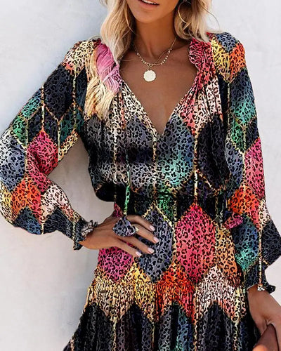 Fashion Colorful Floral Printed Party Dress 2023 Women Spring Summer Elegant V-Neck Drawstring Ruffle Miniskirt Casual Robe