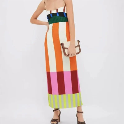 Sexy High Waist 2025 Party Long Dress Women Fashion Elegant Casual New Striped Colorful Spaghetti Strap Bohemian Mixi Dresses