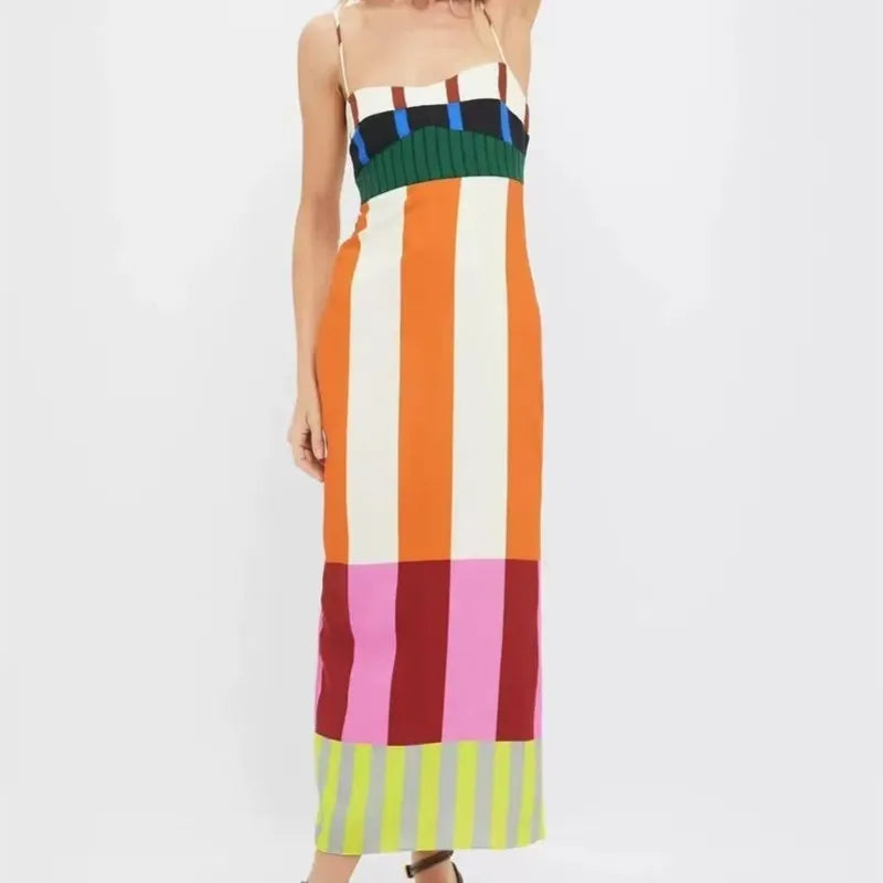 Sexy High Waist 2025 Party Long Dress Women Fashion Elegant Casual New Striped Colorful Spaghetti Strap Bohemian Mixi Dresses