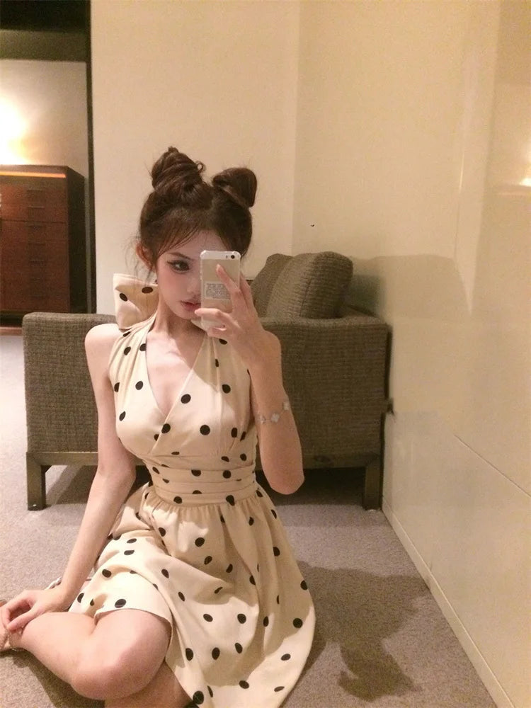 2025 New Woman Dress Vintage Elegant Sweet Bowknot Polka Dot Sleeveless V Neck Halter Summer Sexy Mini Dresses Party Stylish