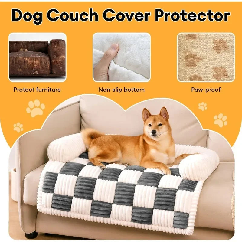 Plush Dog Couch Cover – Cream Square Plaid
