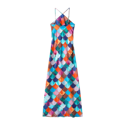 Halter Long Dress Women Retro Contrast Color Sleeveless Bodycon Printed Robe 2025 Elegant Spring Summer Lady Party Beach Dresses
