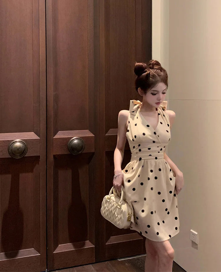 2025 New Woman Dress Vintage Elegant Sweet Bowknot Polka Dot Sleeveless V Neck Halter Summer Sexy Mini Dresses Party Stylish