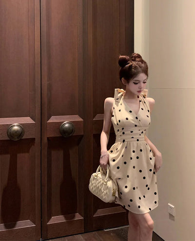 2025 New Woman Dress Vintage Elegant Sweet Bowknot Polka Dot Sleeveless V Neck Halter Summer Sexy Mini Dresses Party Stylish