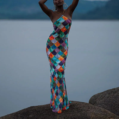 Halter Long Dress Women Retro Contrast Color Sleeveless Bodycon Printed Robe 2025 Elegant Spring Summer Lady Party Beach Dresses