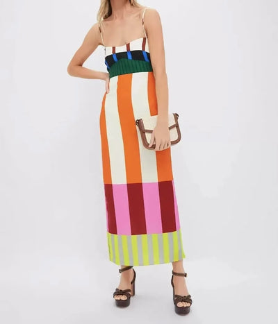 Sexy High Waist 2025 Party Long Dress Women Fashion Elegant Casual New Striped Colorful Spaghetti Strap Bohemian Mixi Dresses
