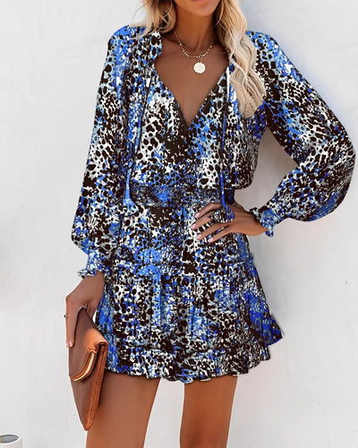 Fashion Colorful Floral Printed Party Dress 2023 Women Spring Summer Elegant V-Neck Drawstring Ruffle Miniskirt Casual Robe