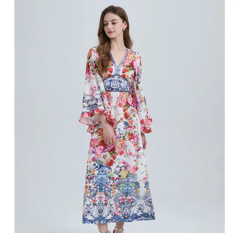 Spring Summer Fashion Luxury Print Bohemian Maxi Dress Women's Sexy V Neck Long Flare Sleeve High Waist A Line Robe Vestidos