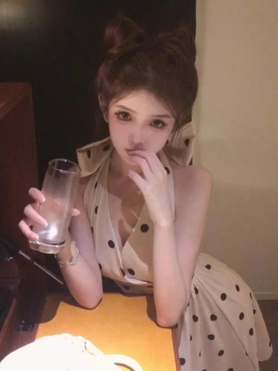 2025 New Woman Dress Vintage Elegant Sweet Bowknot Polka Dot Sleeveless V Neck Halter Summer Sexy Mini Dresses Party Stylish