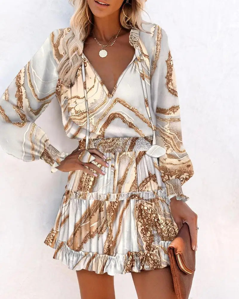 Fashion Colorful Floral Printed Party Dress 2023 Women Spring Summer Elegant V-Neck Drawstring Ruffle Miniskirt Casual Robe